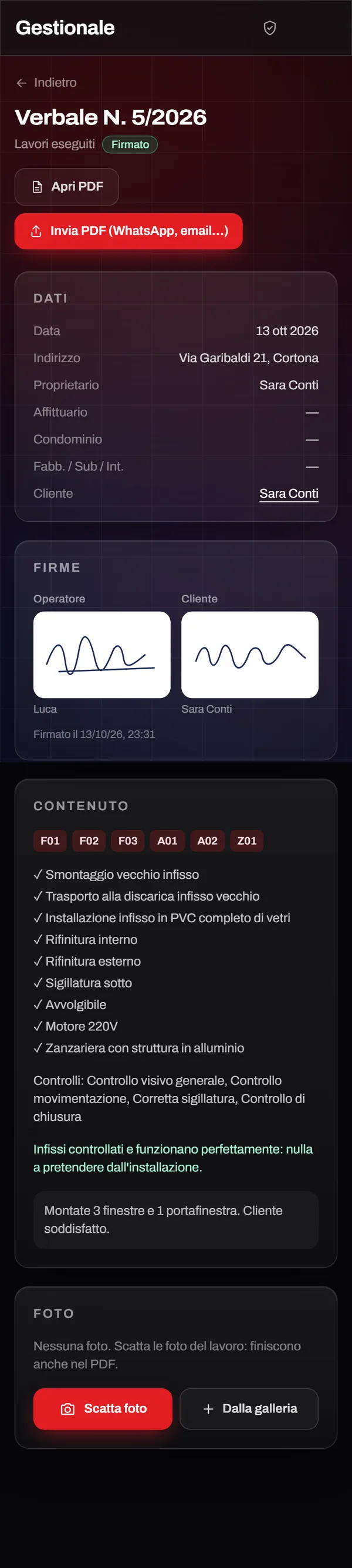 Un verbale firmato nel gestionale su telefono
