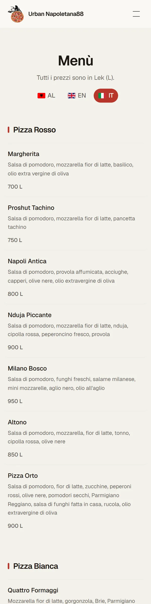 Napoletana88 su telefono, il menu