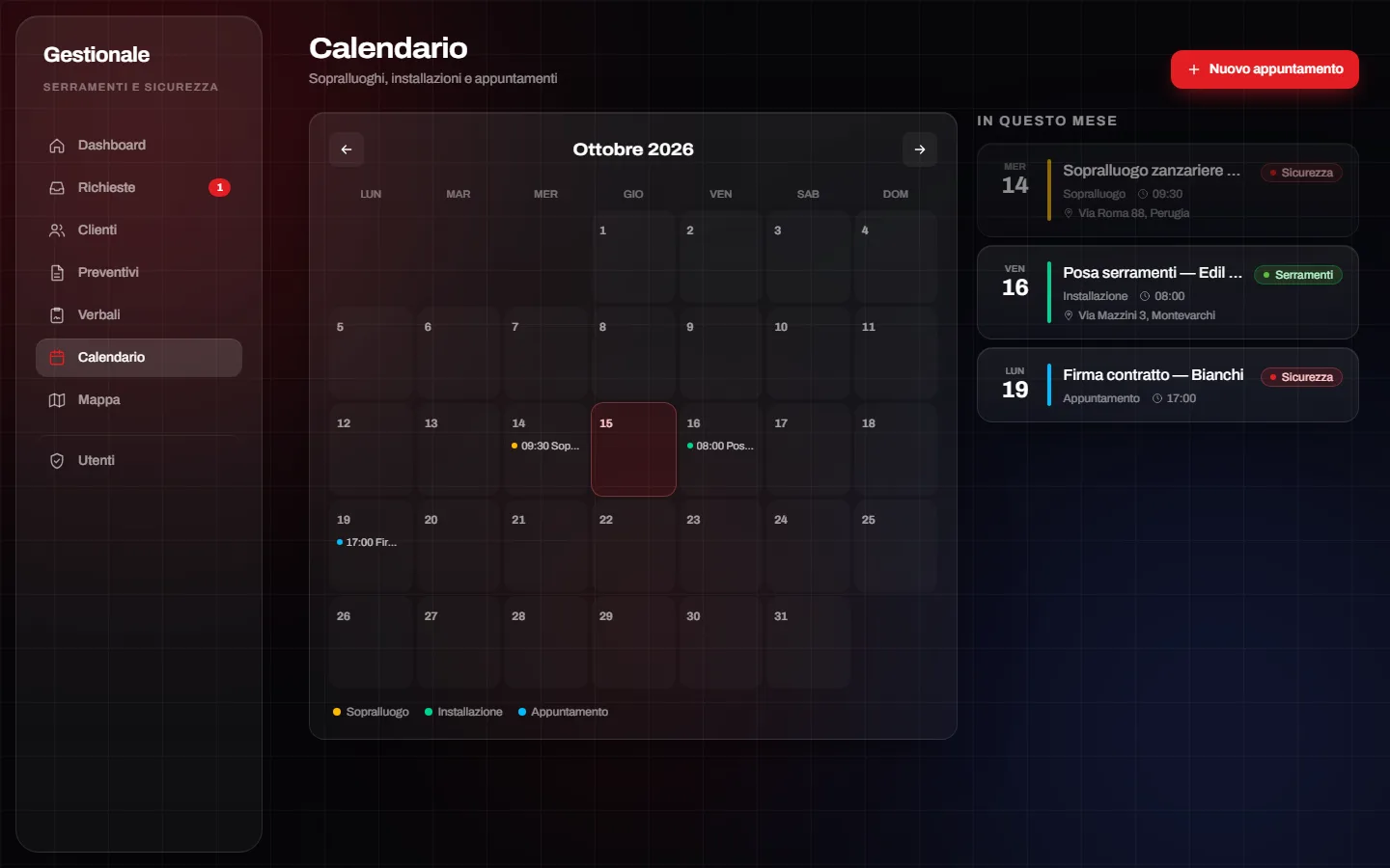 Il calendario del mese con sopralluoghi, installazioni e appuntamenti