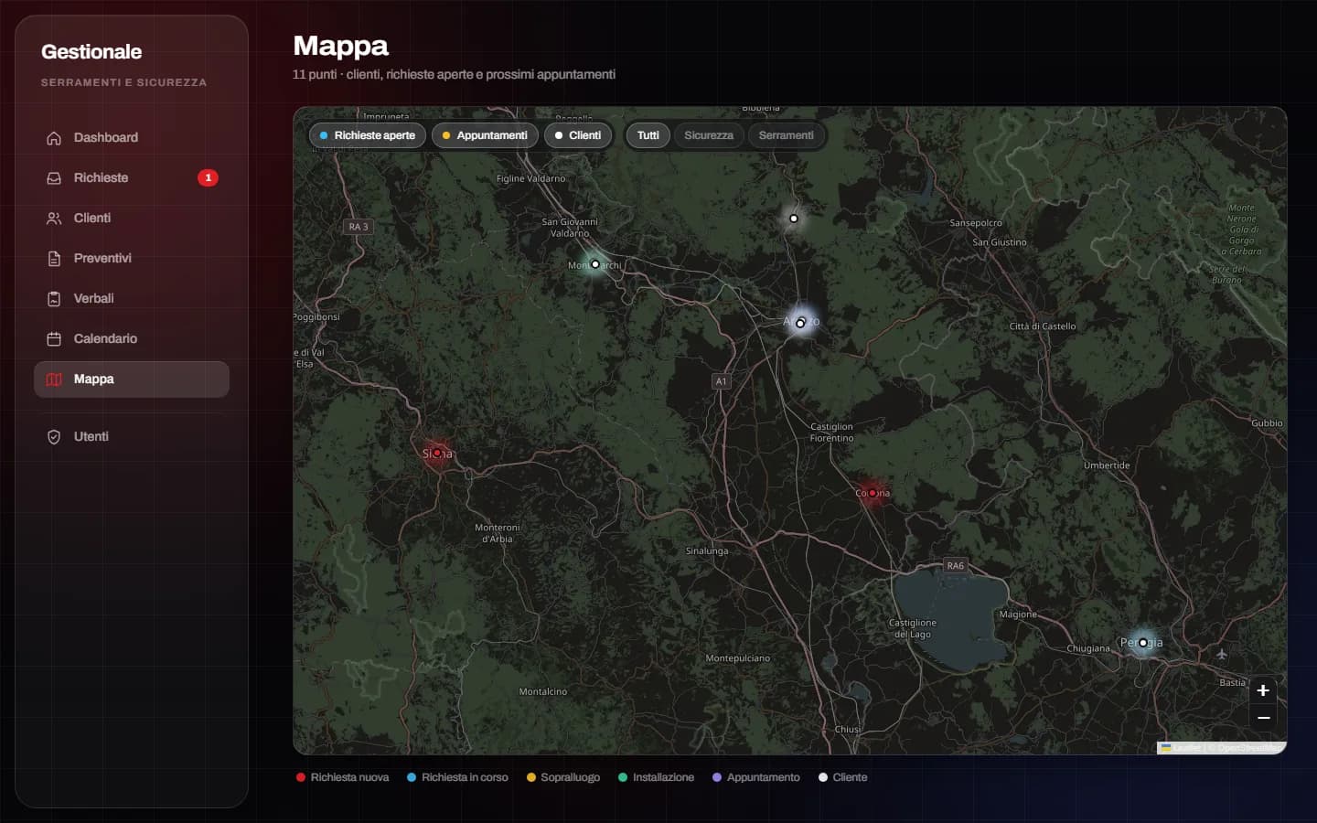La mappa dei cantieri con clienti, richieste e appuntamenti