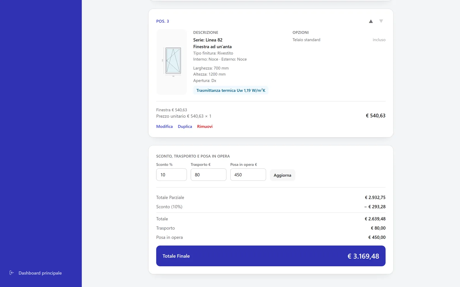 Totali del preventivo con sconto, trasporto e posa in opera